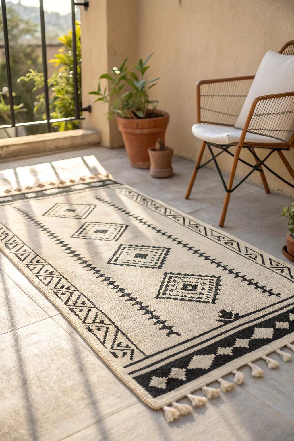 A patterned outdoor rug that instantly makes a small patio feel like a chic living room.