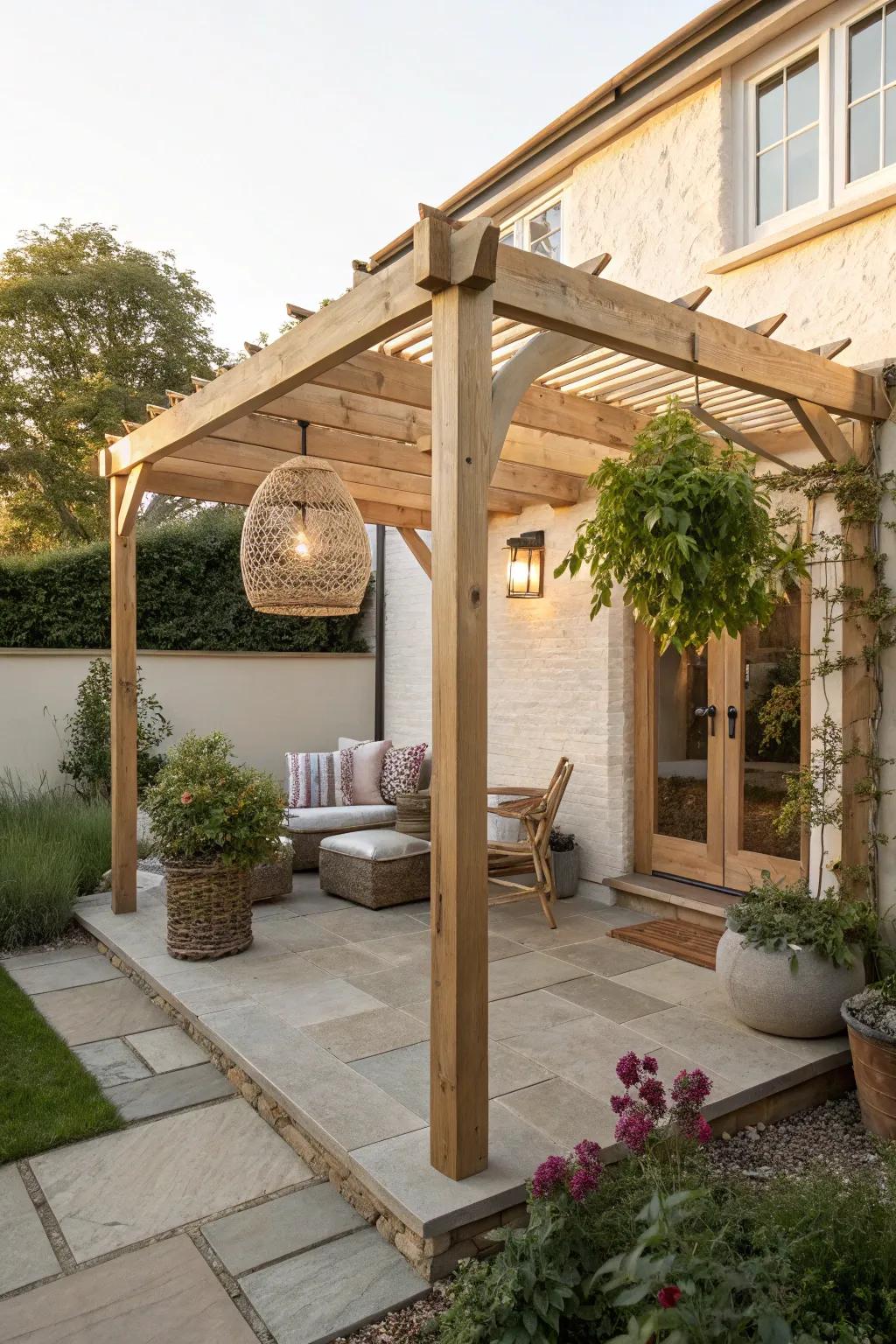 A corner pergola turns awkward patio space into a calm, cozy zone with zero wasted inches.