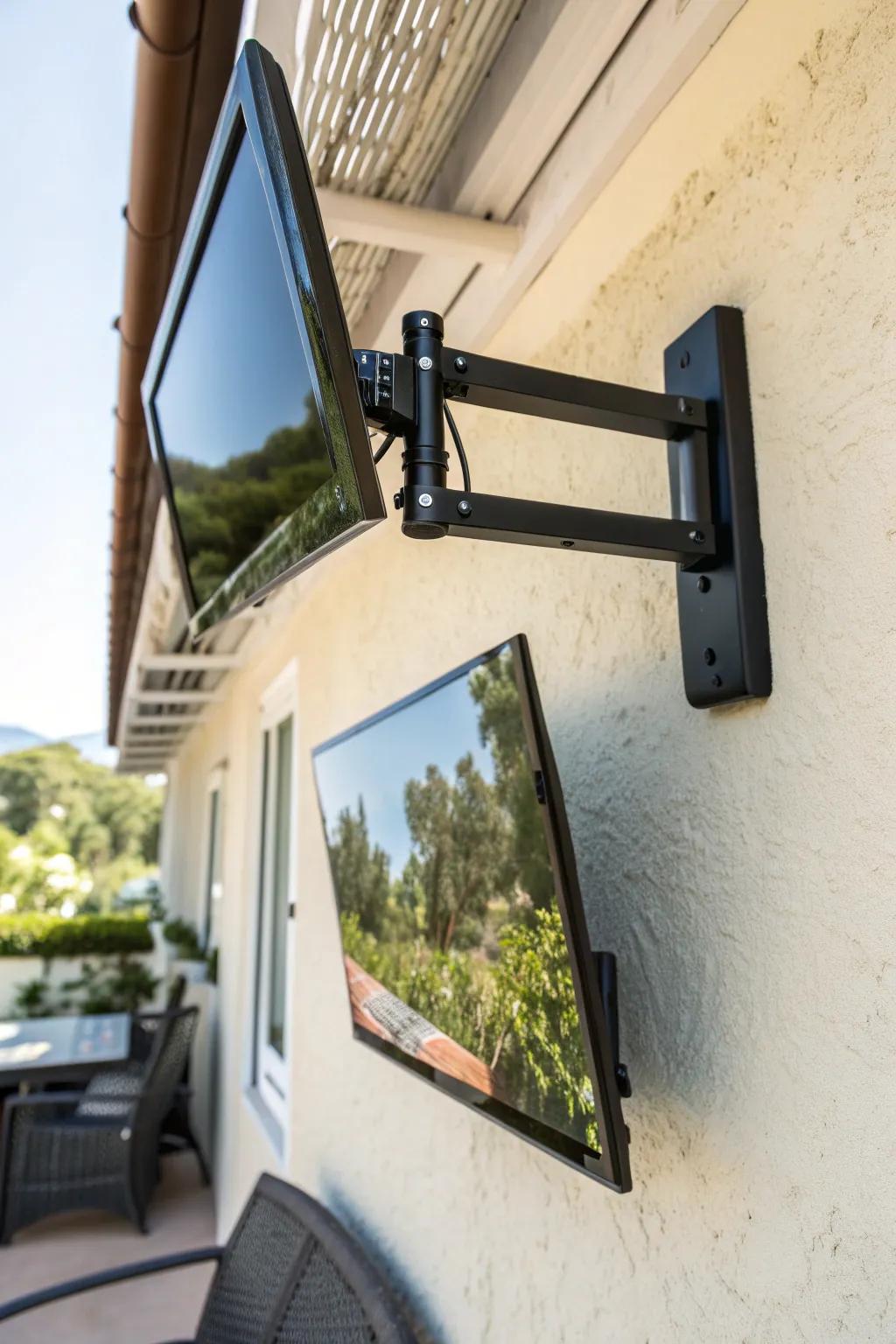 A sleek swivel-arm TV mount makes your tiny patio seating work from every angle.