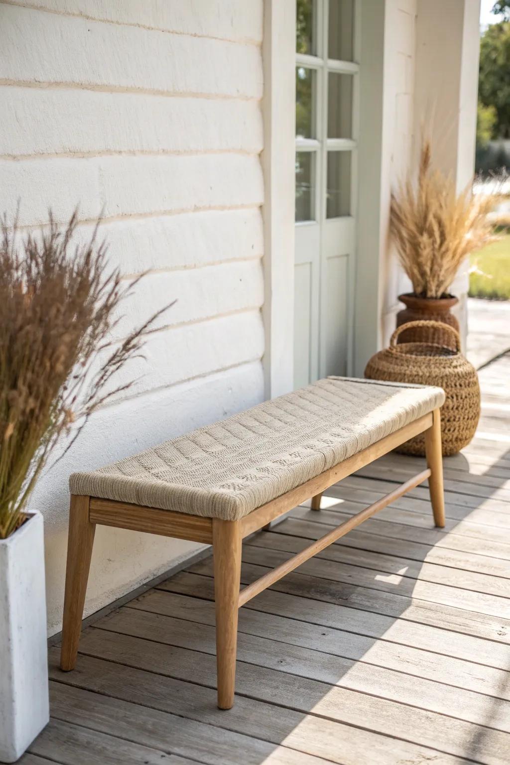 A slim porch bench adds seating for two without crowding—simple, warm, and intentional.