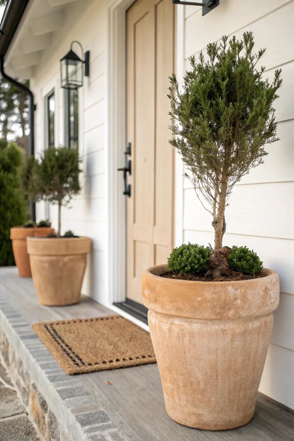Symmetry made easy: matching planters instantly make a small porch feel polished.