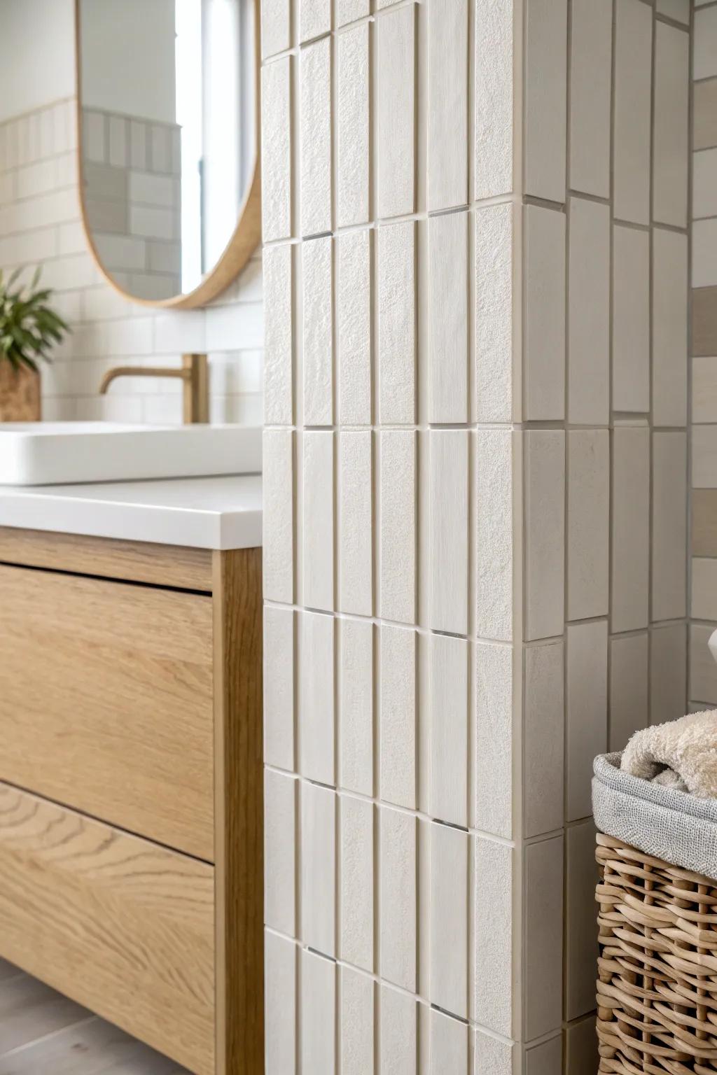Vertical stacked tile draws the eye upward—an easy way to make a tiny powder room feel taller.