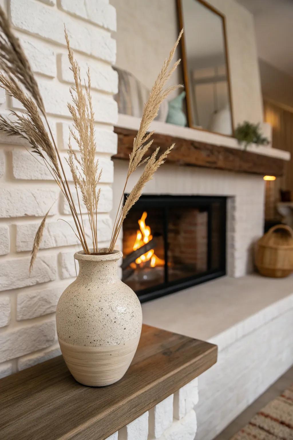 Let the fireplace lead: a simple handcrafted mantel piece makes the hearth feel like home.