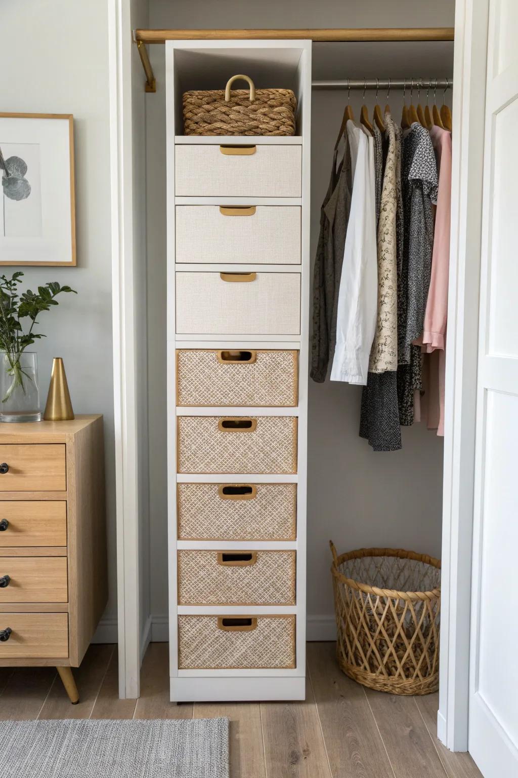A slim center drawer tower turns a reach-in closet into calm, built-in storage every day.