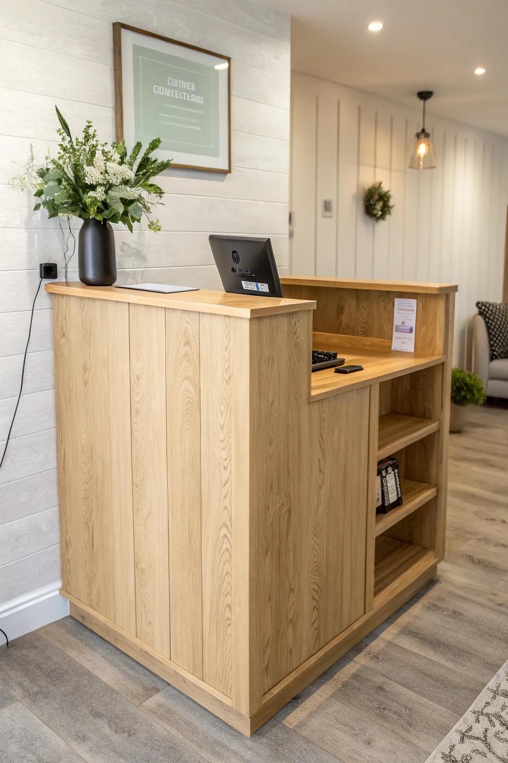 A slim reception desk with a privacy front—tiny footprint, tidy front view, big calm energy.
