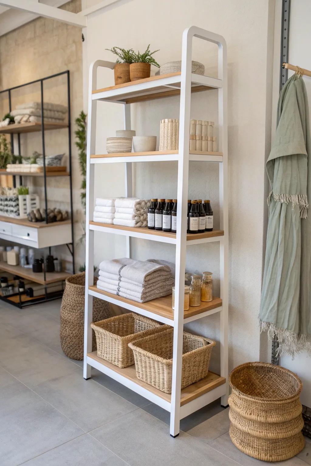 Narrow freestanding gondola shelving that turns dead-center space into a beautiful browse zone.