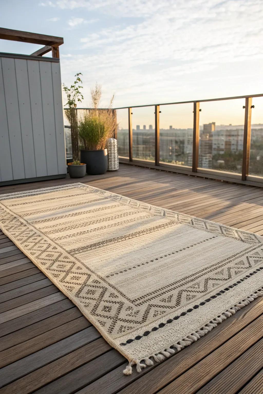 A woven outdoor rug turns a tiny rooftop deck into a cozy “room” with instant warmth.