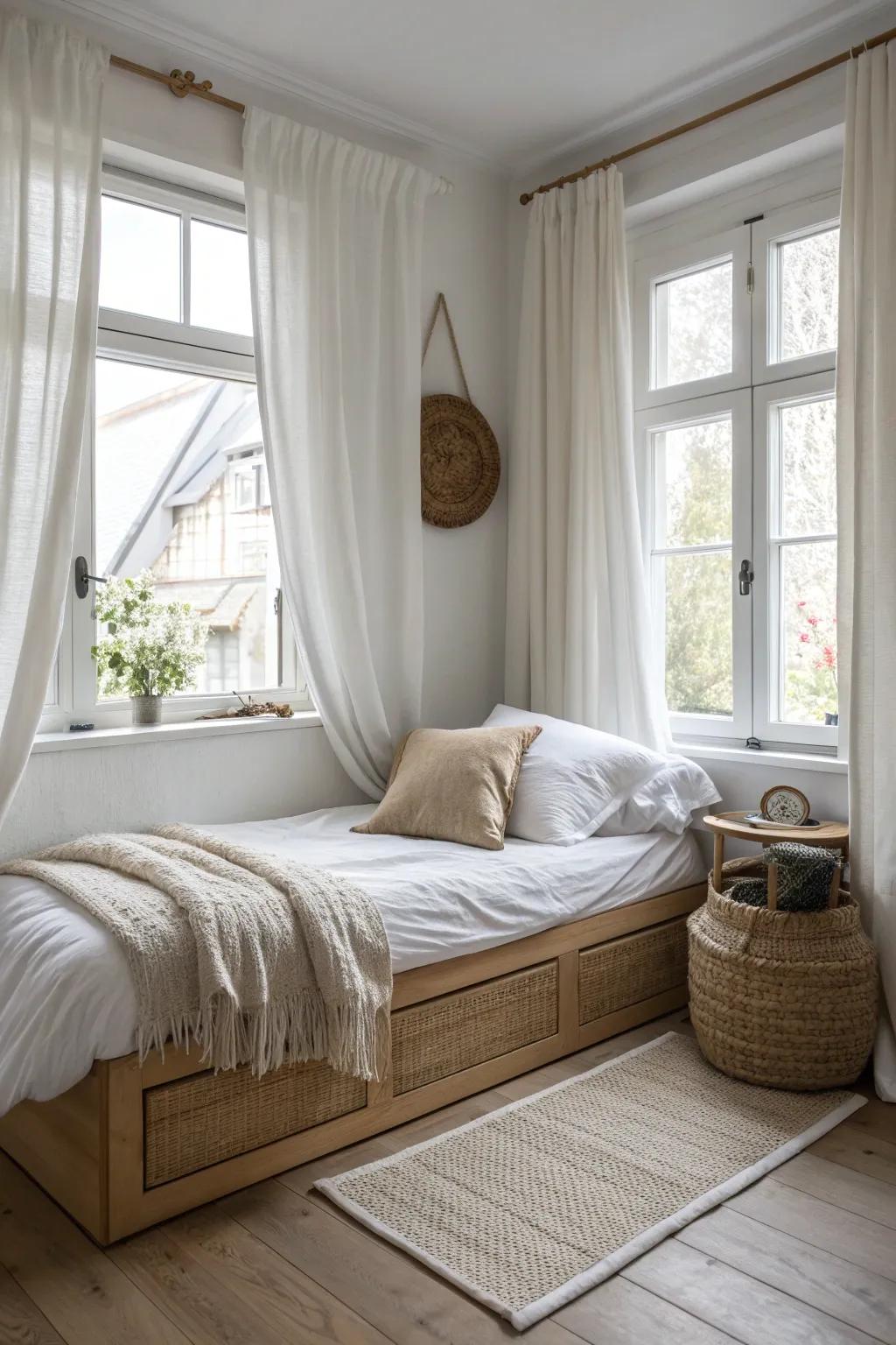 A bright under-window corner bed nook that makes a tiny room feel airy and serene.