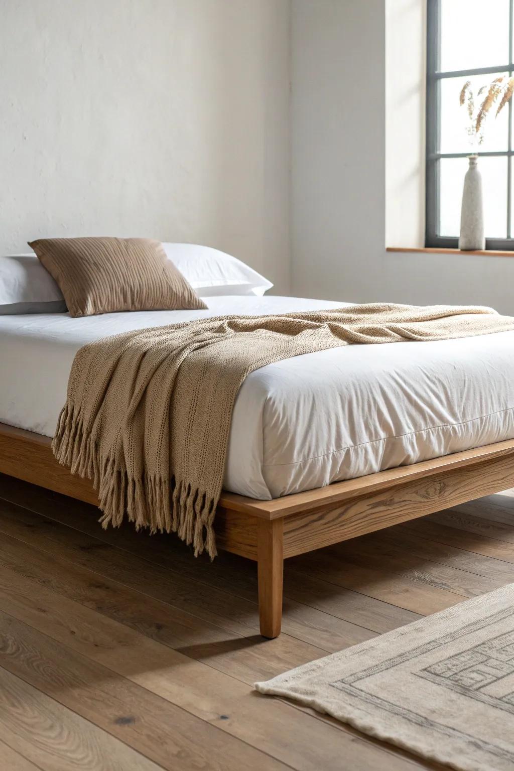 A low-profile platform bed keeps small rooms feeling taller, cleaner, and effortlessly sharp.