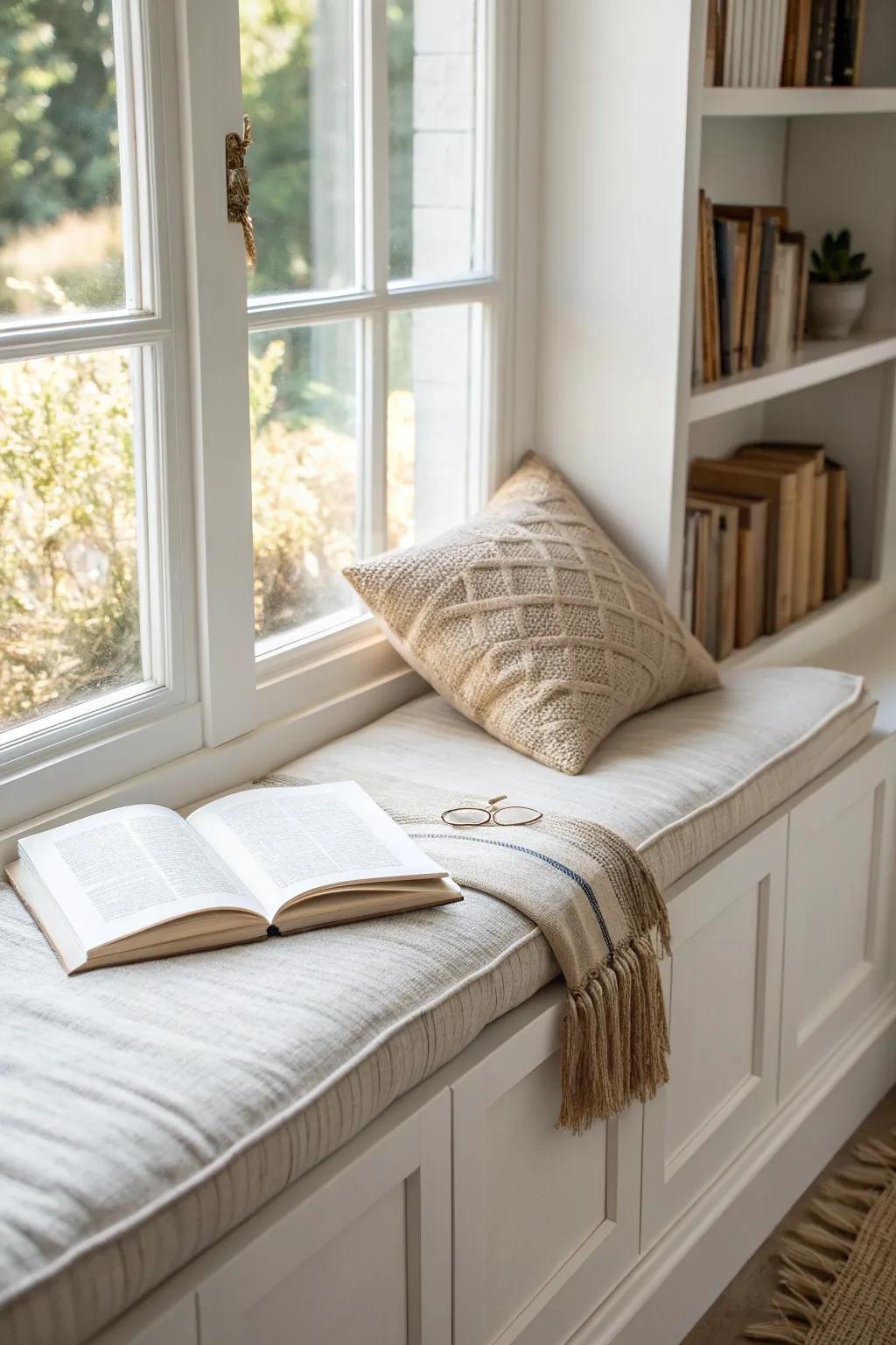 Built-in window seat cushion framed by bookshelves—small-space library + cozy reading nook.