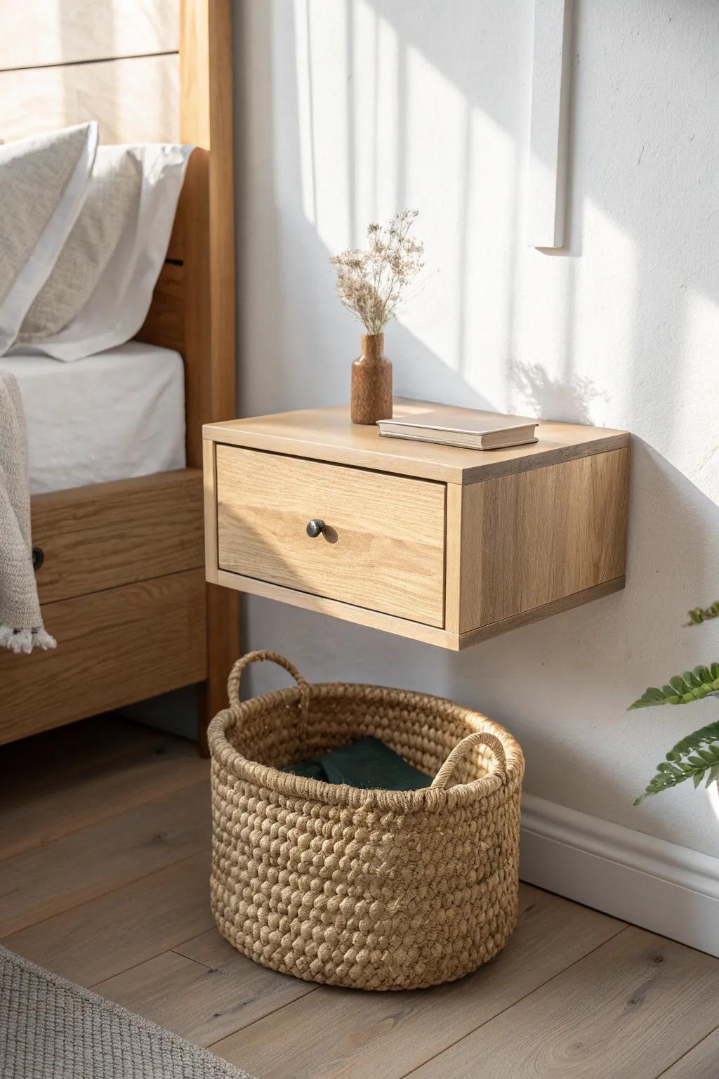 A floating nightstand frees up floor space—and adds a sneaky spot for a basket below.