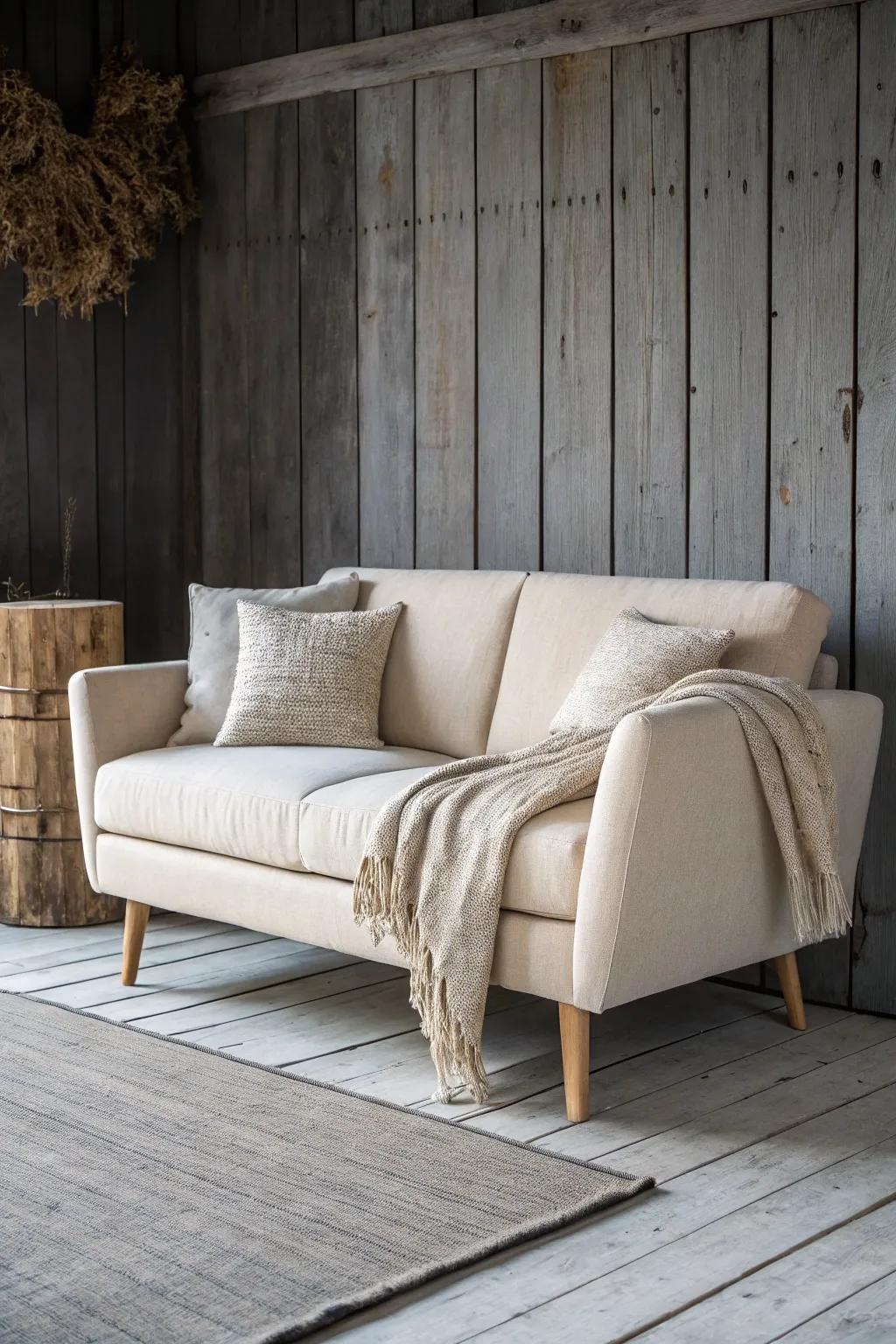 Light linen sofa + cozy textures: the rustic small-space anchor that keeps the room airy.