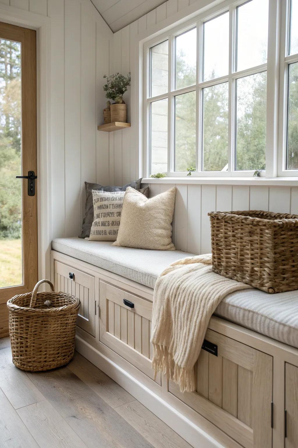 Window seat + lift-top storage: rustic sunroom charm in one clean line, cozy linen and warm wood.