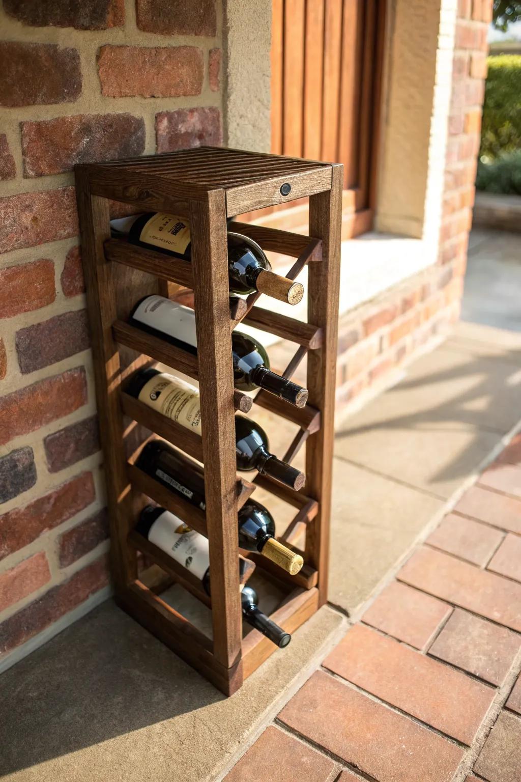 Brick + wood magic: a slim stained rack turns a basement corner into a cozy mini cellar.