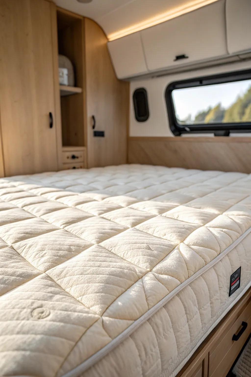 A plush topper turns an RV mattress into a hotel-soft bed in minutes—no remodel needed.