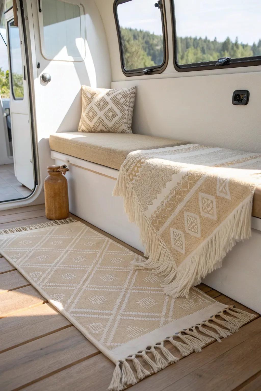 A washable rug instantly softens RV flooring and makes the space feel like a real room.