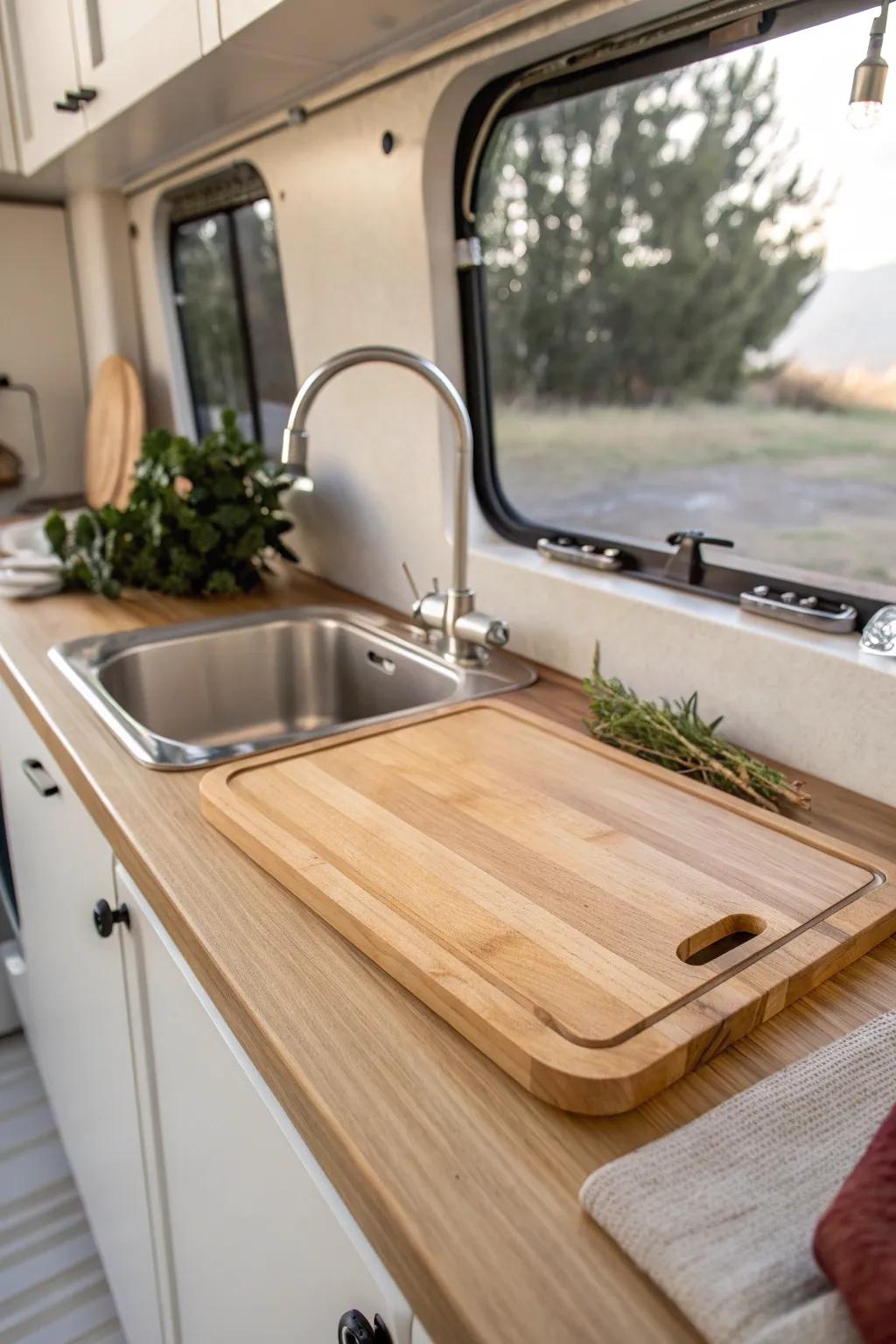 A sink-cover cutting board adds instant prep space—perfect for tiny RV kitchens.