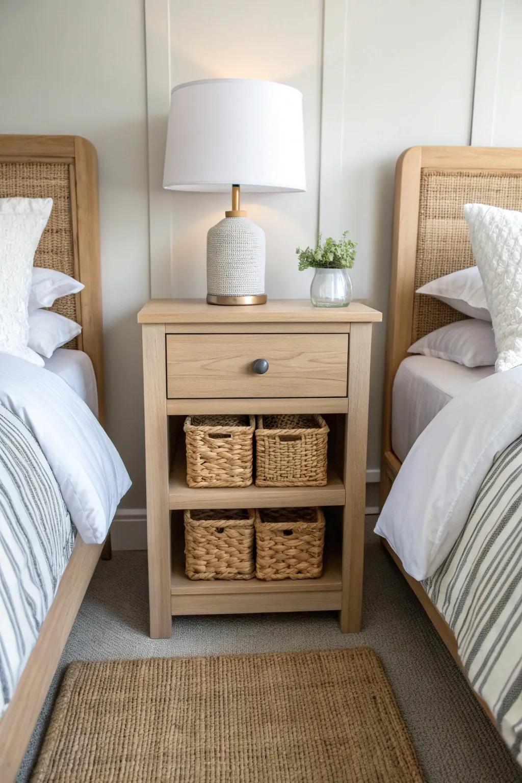 One shared nightstand, two equal sides—clean symmetry with cozy baskets for each brother.