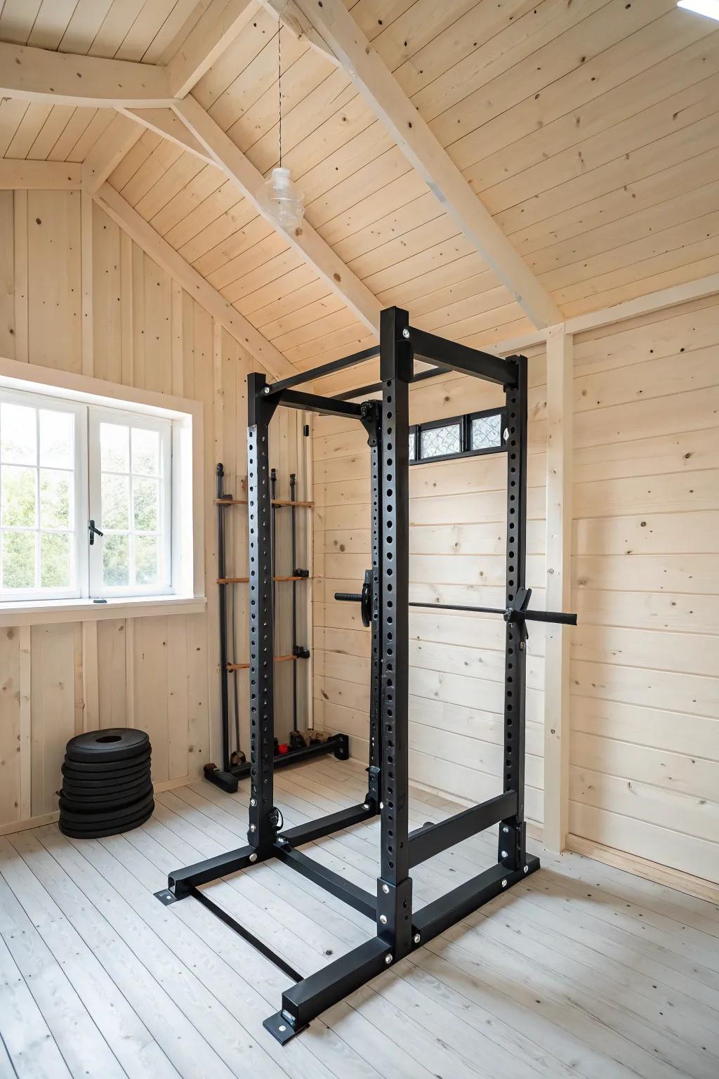 Corner power rack in a tiny shed gym—clean, calm, and ready for heavy lifts.