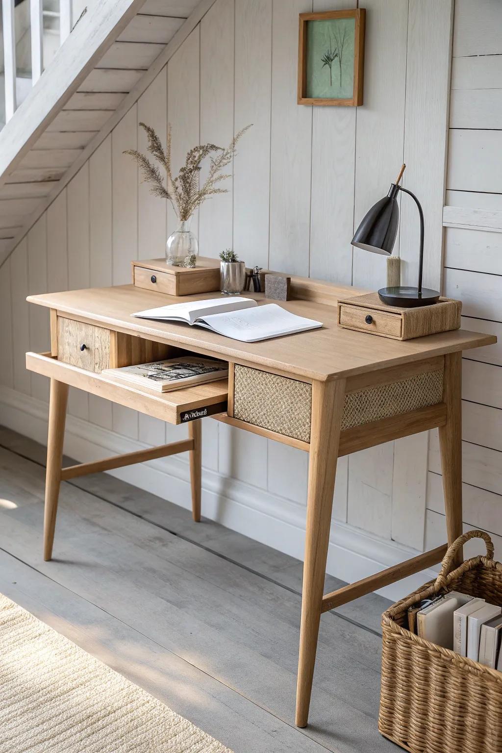 A slim desk with hidden drawers keeps your shed office surface calm and clutter-free.