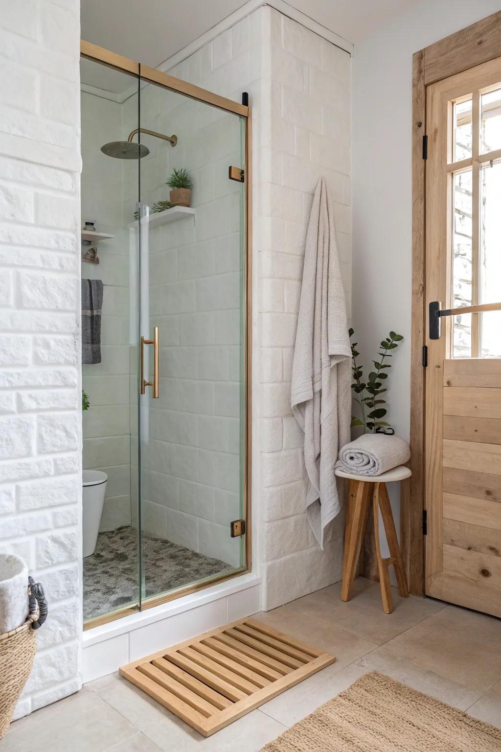 Inward-swing hinged shower door: hotel-smart style that saves space in tight ensuites.