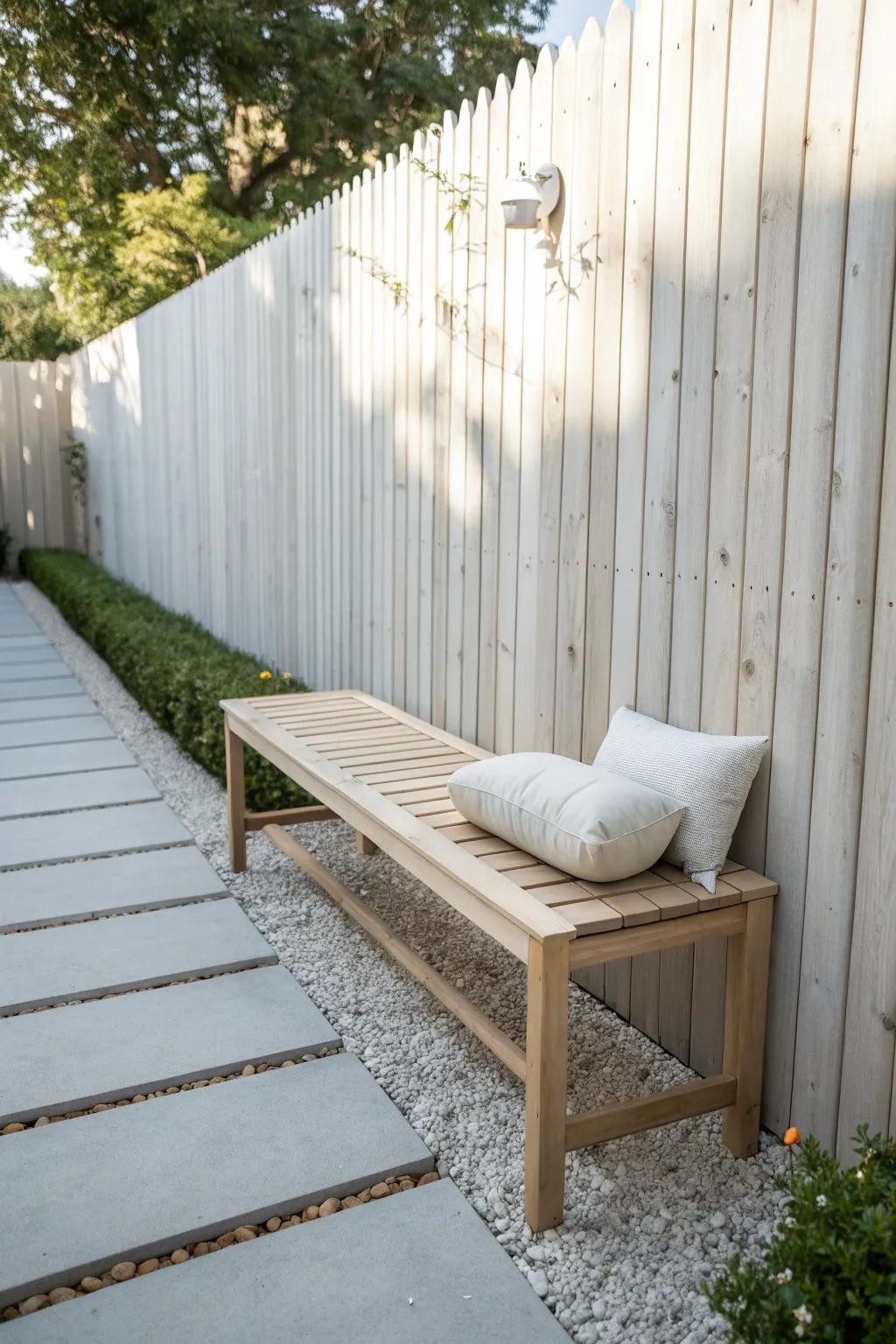 Slim bench seating along the fence keeps a narrow side yard patio open, airy, and chic.