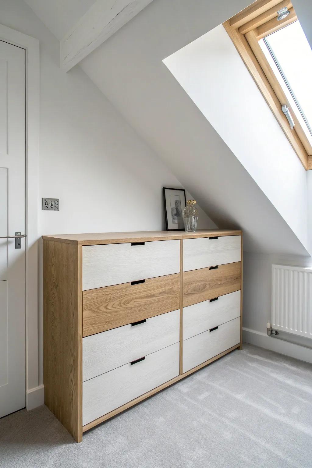 Low drawers at the short side: the perfect grab-and-go spot for workout gear in attic closets.