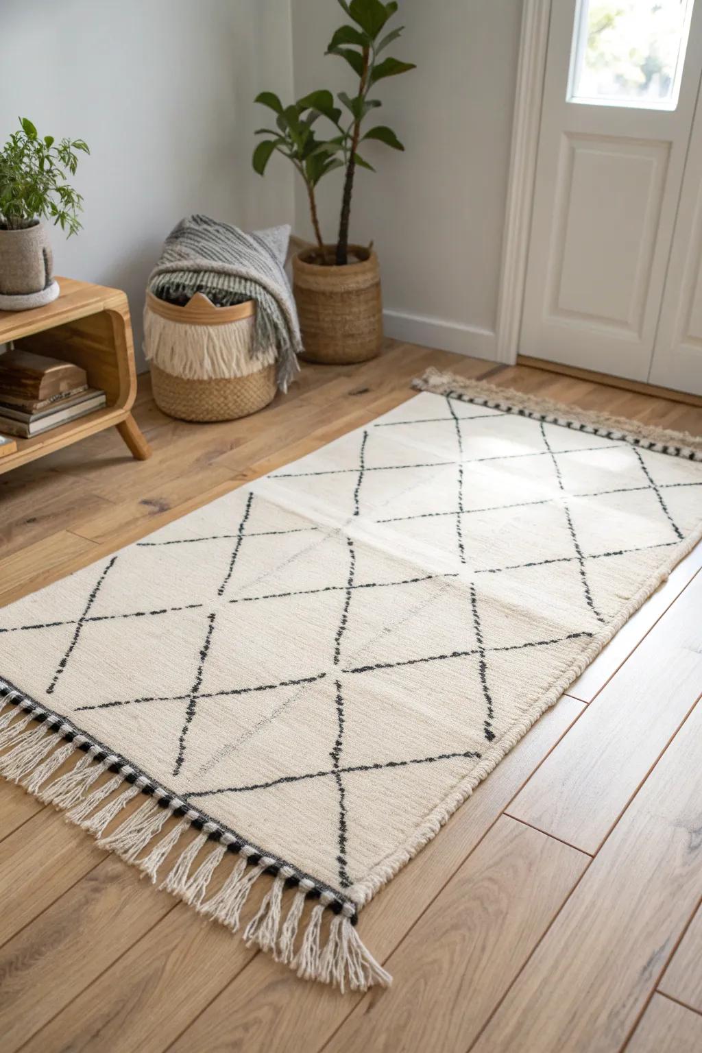 One beautiful rug creates a “room” in a studio—instant zoning, warmth, and visual calm.