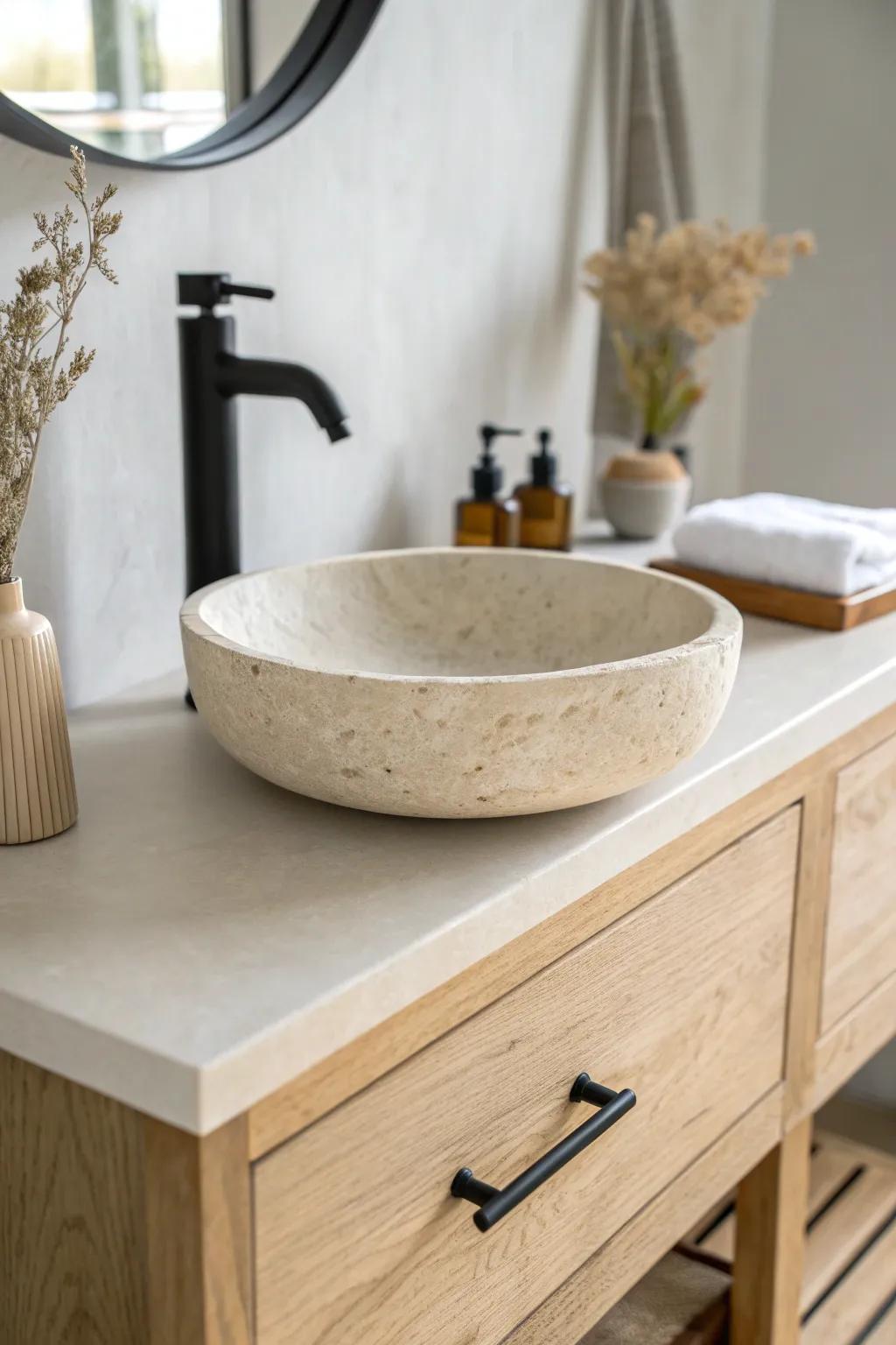 A slim honed-stone vanity top keeps tiny bathrooms airy—real texture, zero bulk.