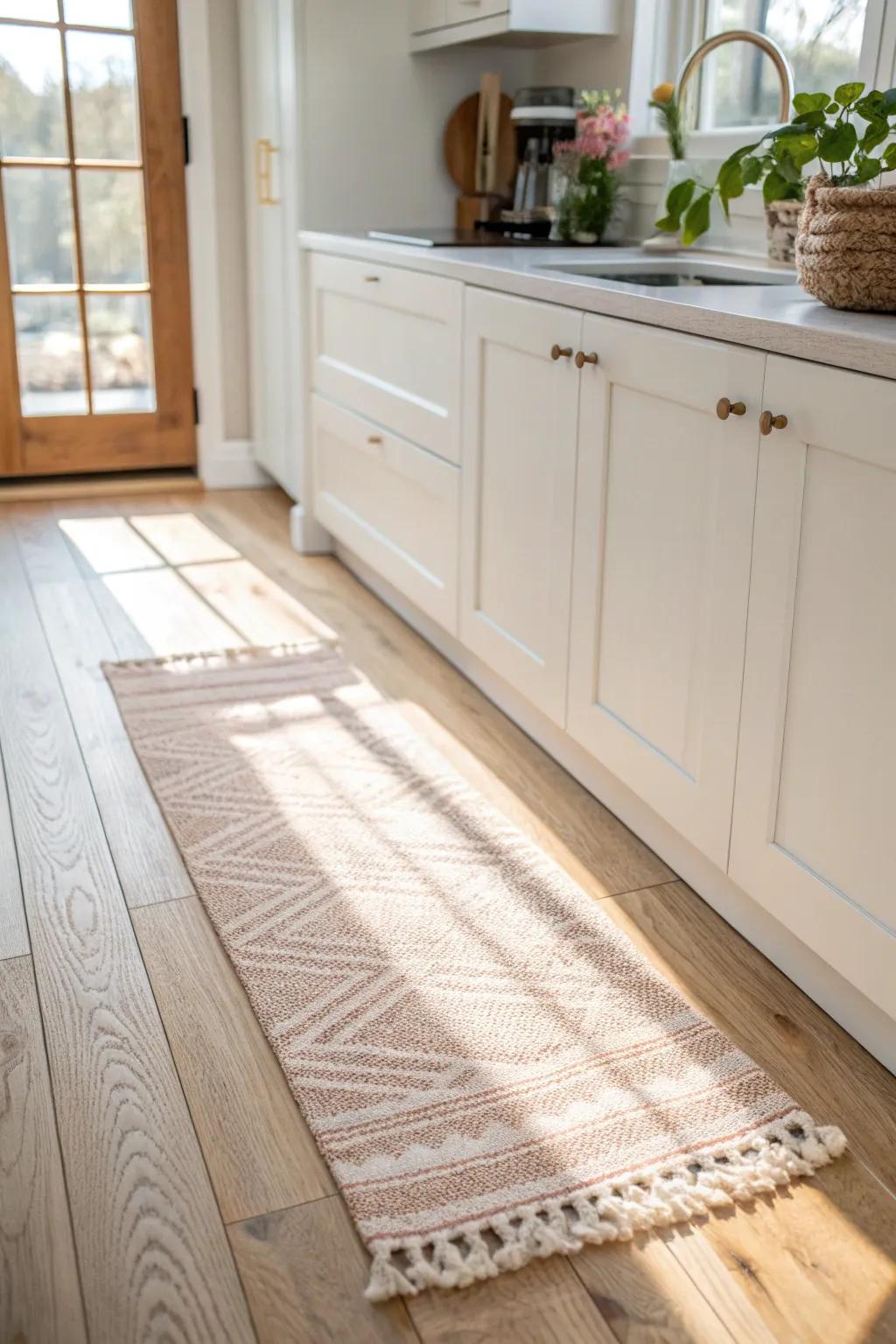 One continuous runner makes the kitchen-to-sunroom flooring feel seamless—and bigger.