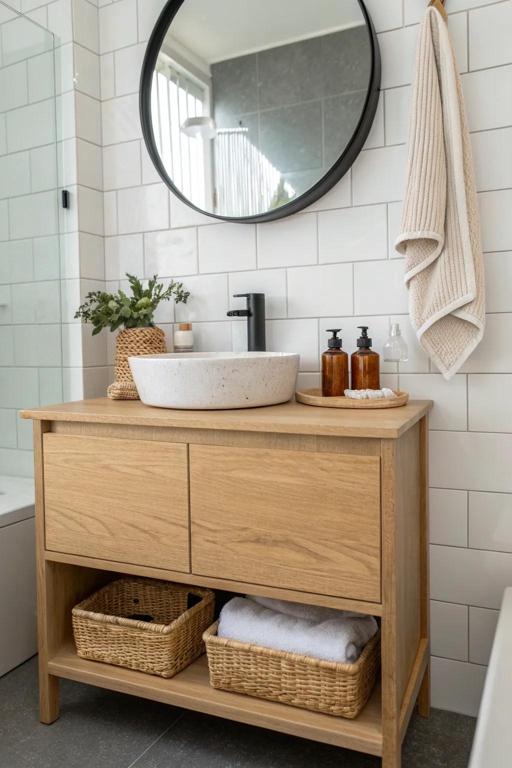 A single teal wall behind the vanity makes a tiny bathroom feel intentional and serene.
