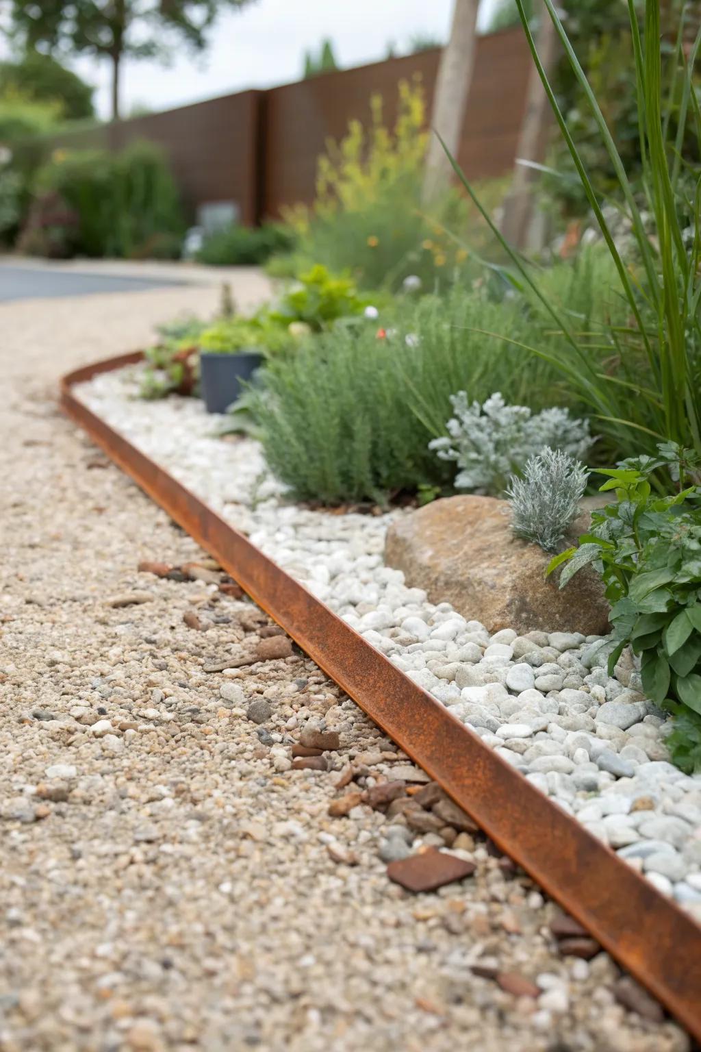 Crisp steel edging turns a tiny townhouse garden into an intentional, tidy welcome.