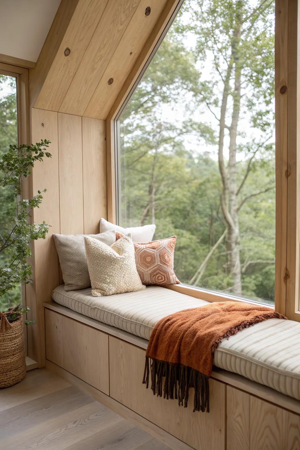 Turn a single treehouse window into a cozy seat—cushions, pillows, and a forest view.