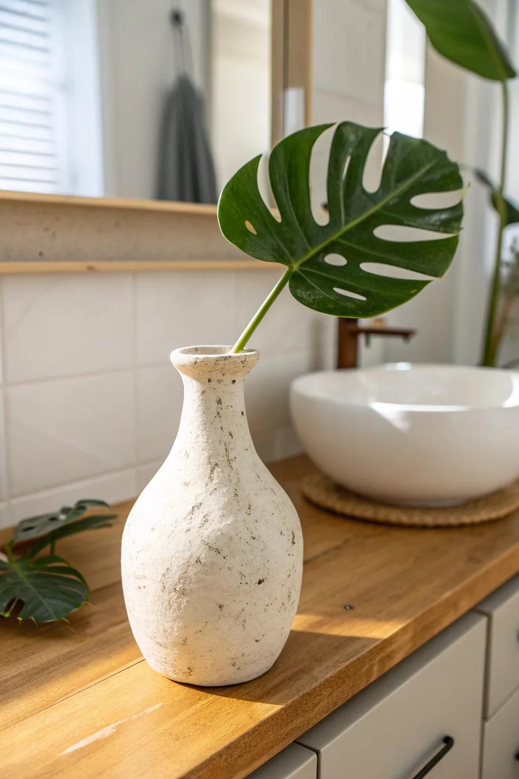 Crisp white, warm wood, and leafy green—an easy tropical trio for a tiny spa-like bathroom.