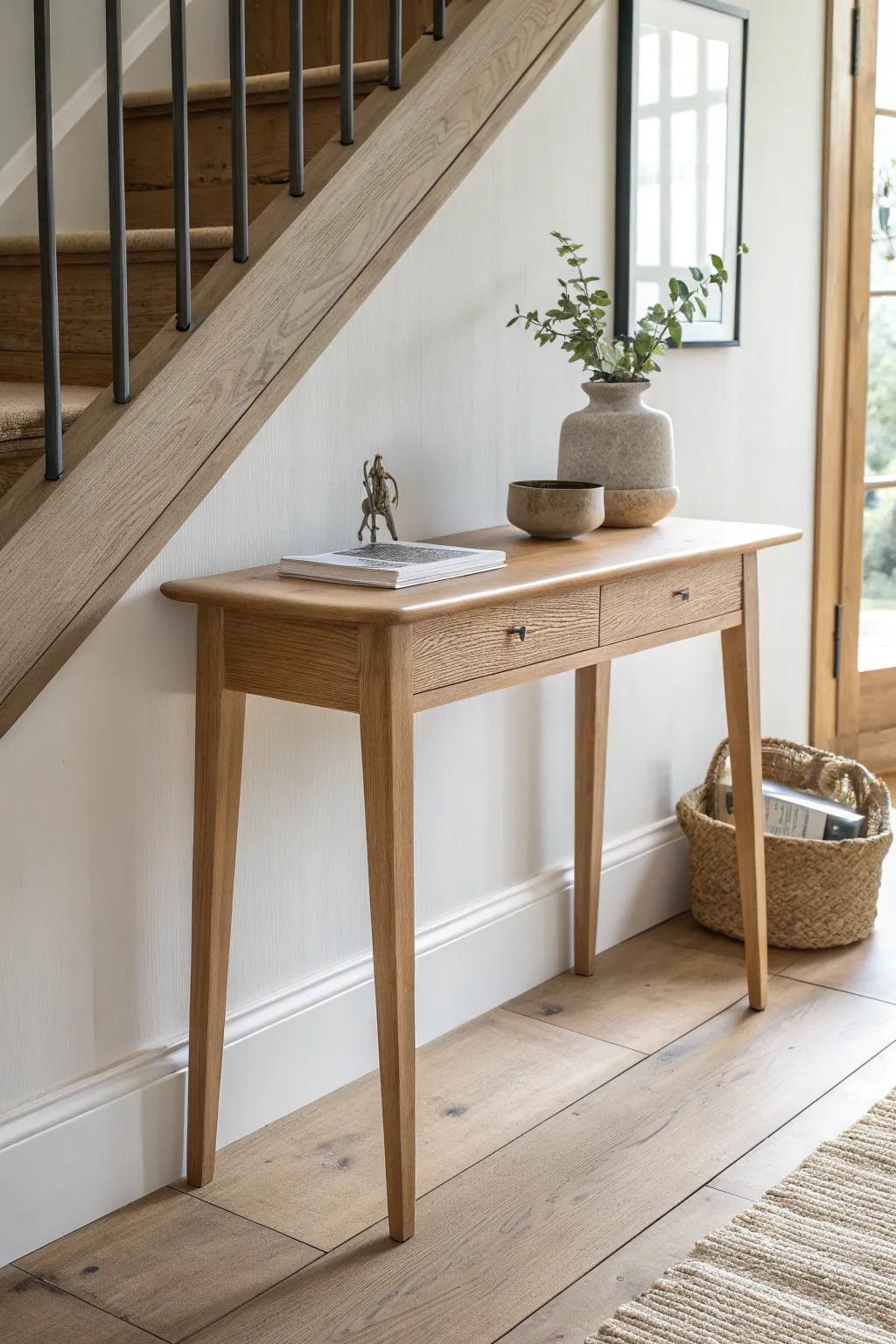 A slim console table keeps an upstairs landing clutter-free—perfect narrow drop zone.