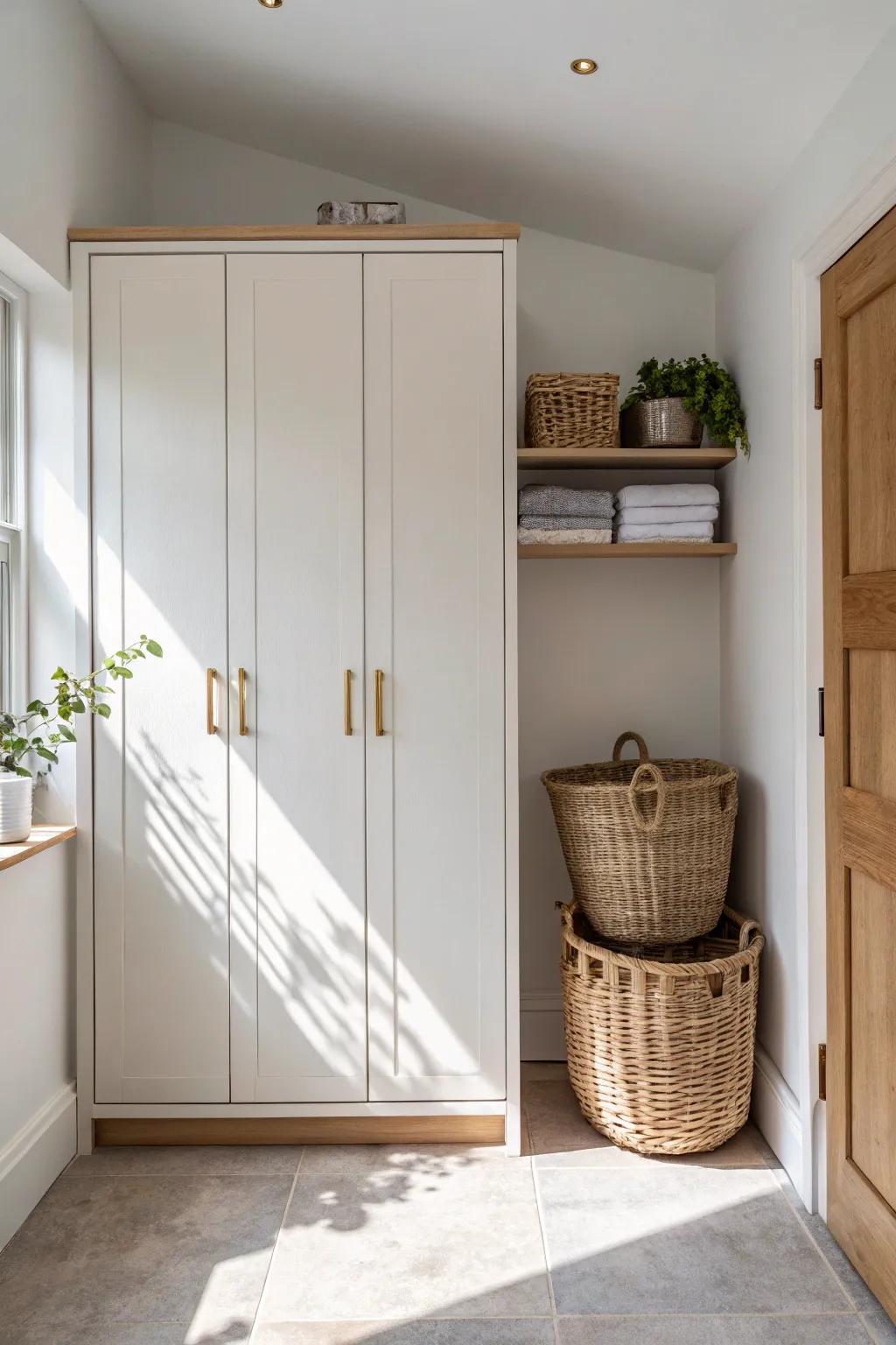 Go full height—floor-to-ceiling cabinets keep tiny utility rooms calm and clutter-free.