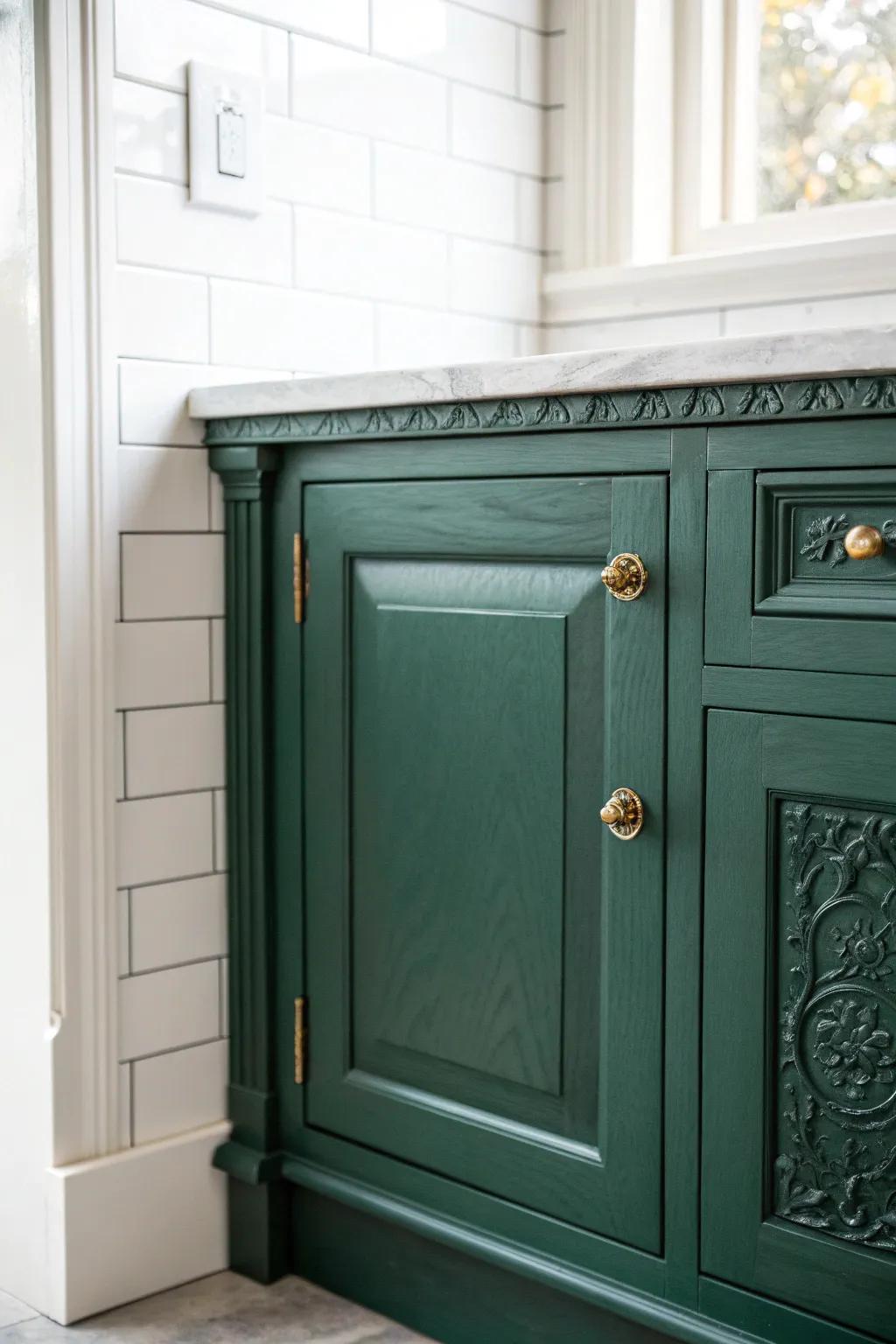 Deep green lowers add Victorian mood—keep uppers light for a cozy, airy small kitchen.