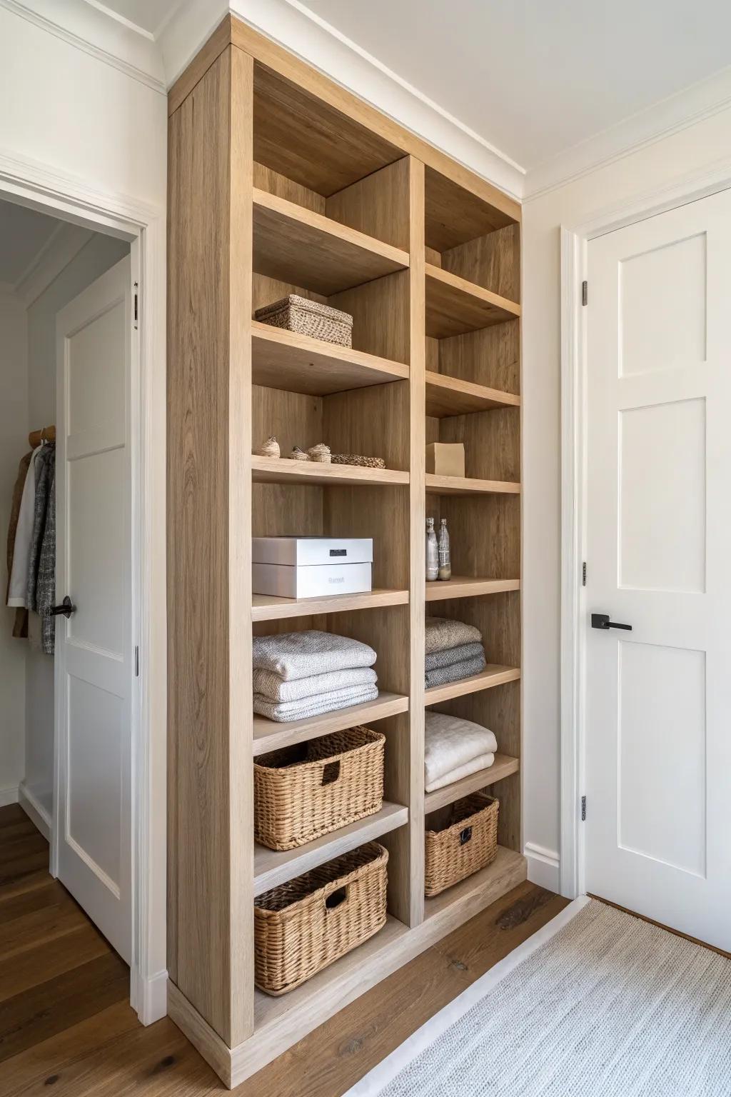 Floor-to-ceiling shelves keep a tiny walk-in closet calm—daily essentials low, backups up high.