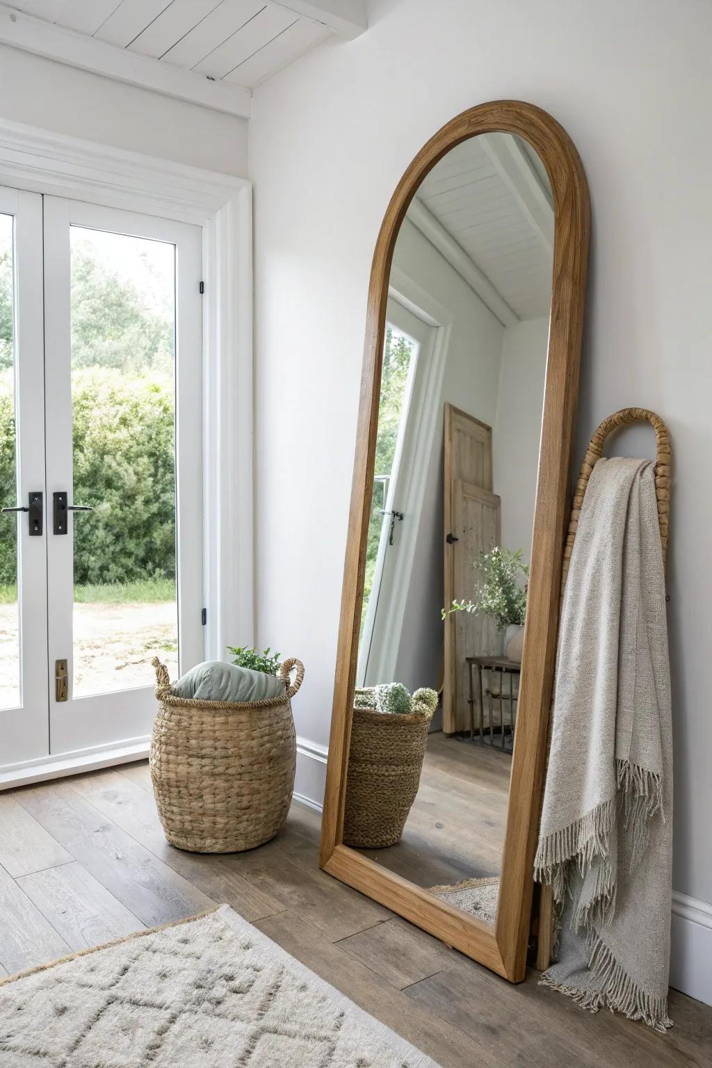 Warm white walls + one arched mirror amplify daylight and make a small walkout basement glow.