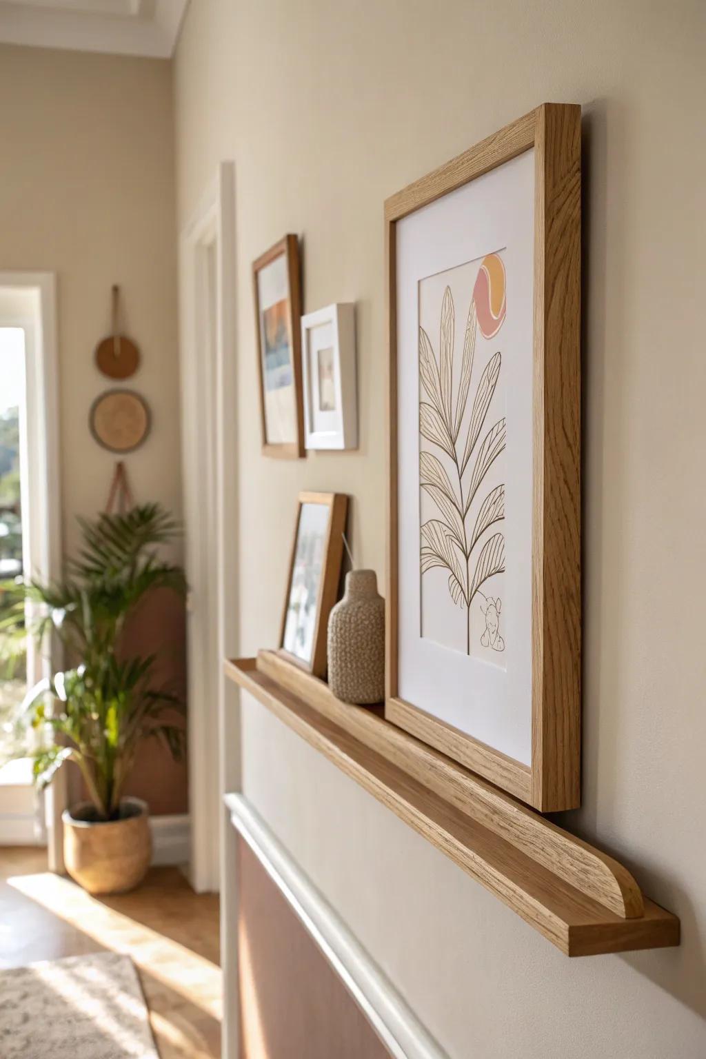 Slim picture ledge lets you swap art in seconds—perfect for refreshing a tiny hallway wall.