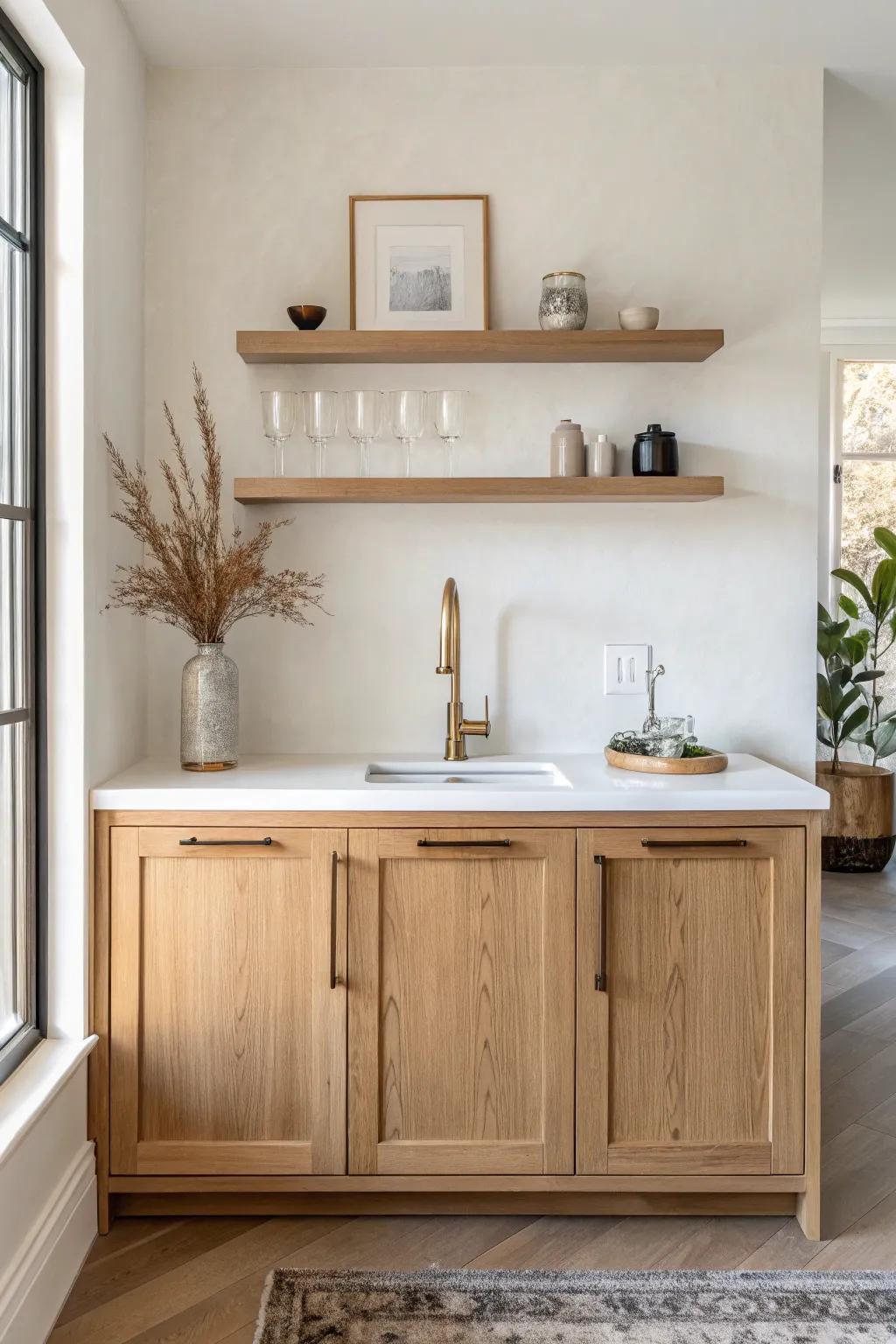 Airy wet bar: oak base cabinets with floating shelves for a light, clutter-free look.