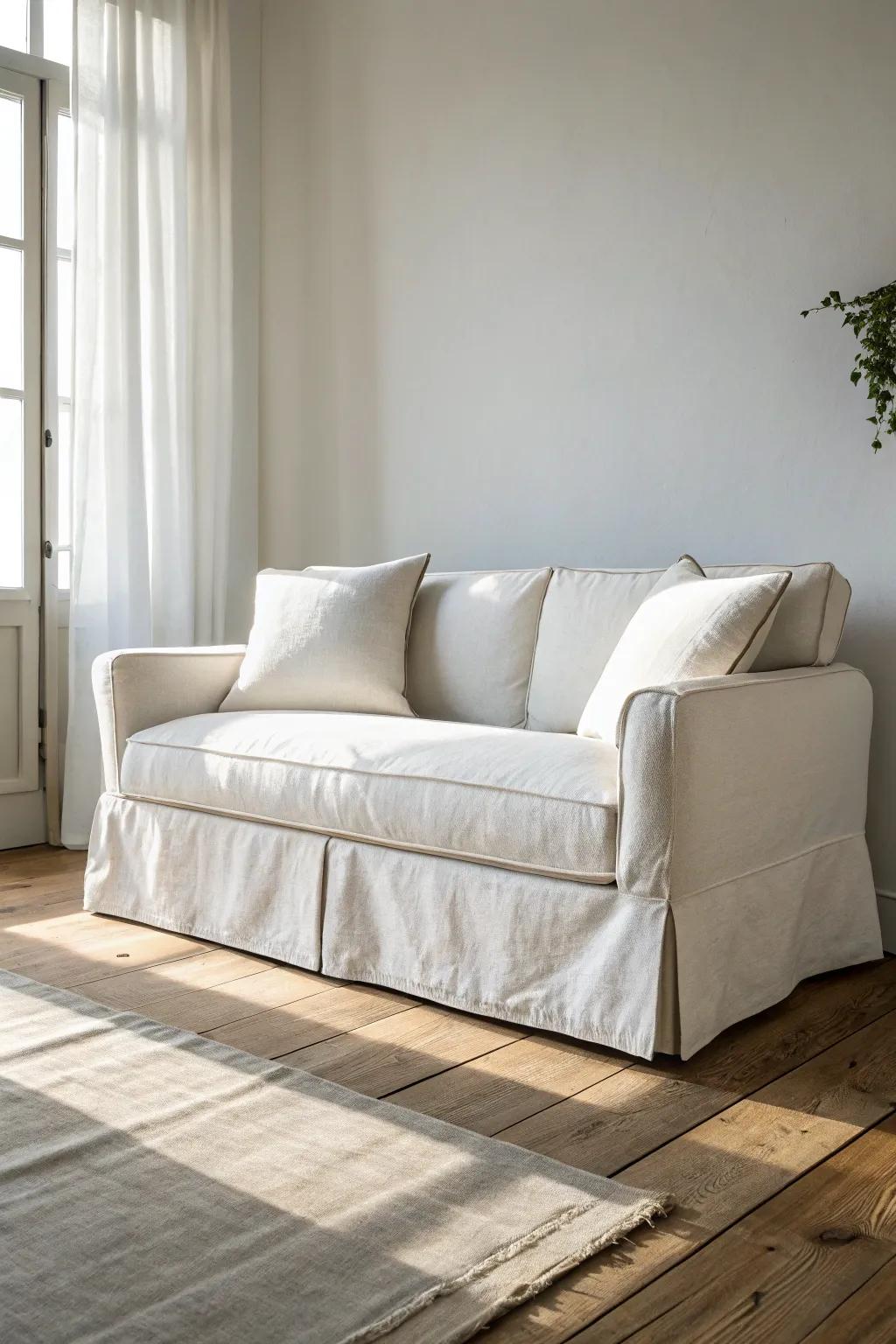 A white slipcover sofa keeps a small living room bright, airy, and stress-free to live in.