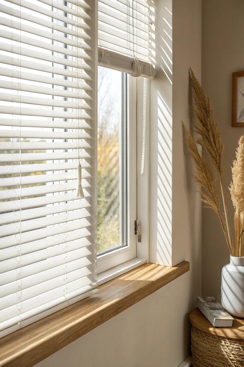 White Venetian blinds bounce daylight, making even the smallest window feel bright and calm.