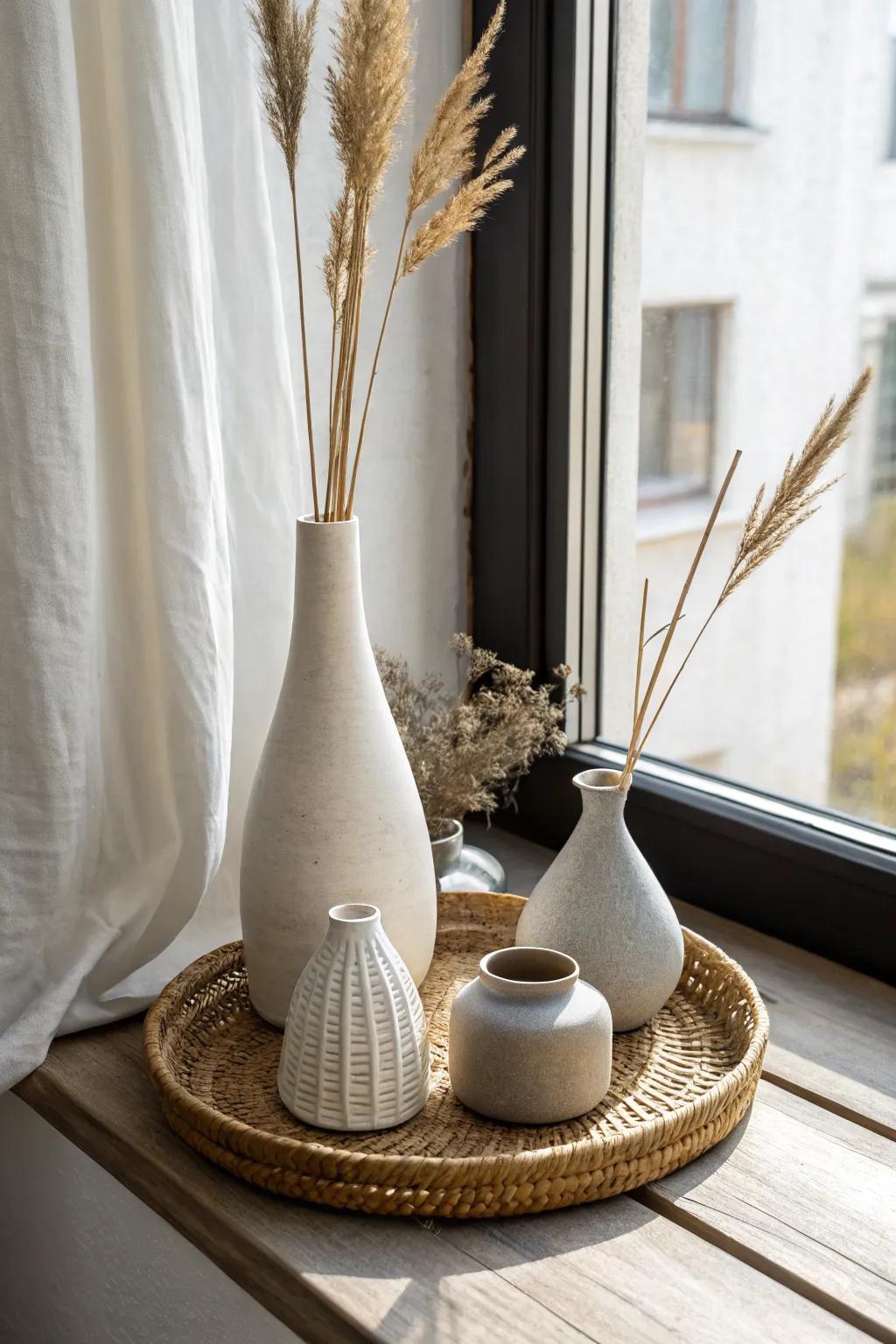 Triangle styling for a small window: tall in back, medium mid, tiny in front—calm and chic.