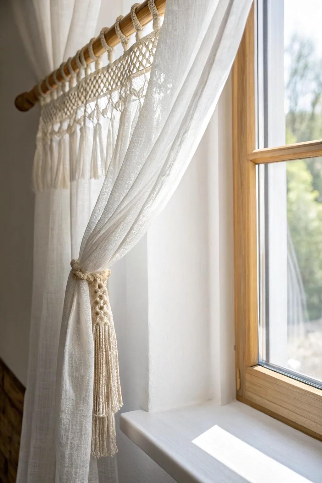 Let a small window glow—sheer linen curtains soften the view while keeping the room bright.