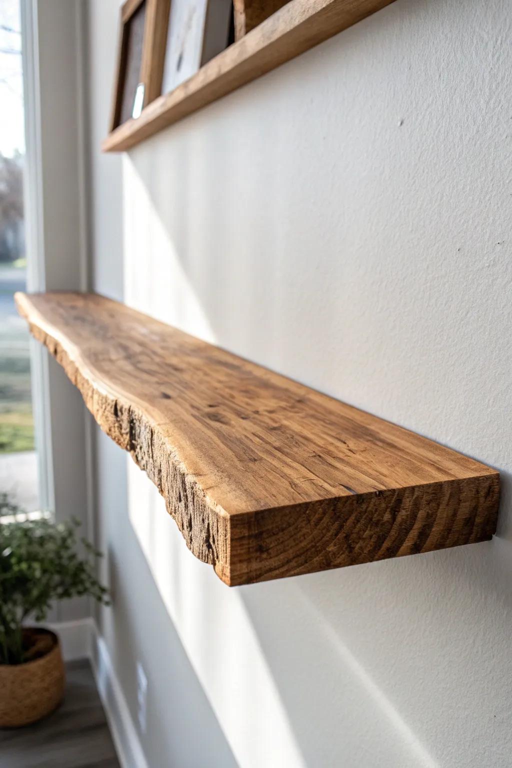 A slim live-edge floating shelf adds warm texture and storage without taking floor space.