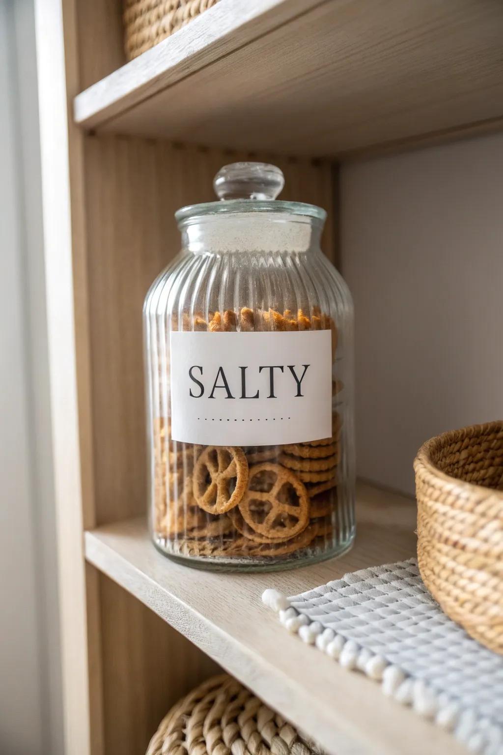 One clear label by snack type keeps your small pantry tidy—fast, simple, and pretty.