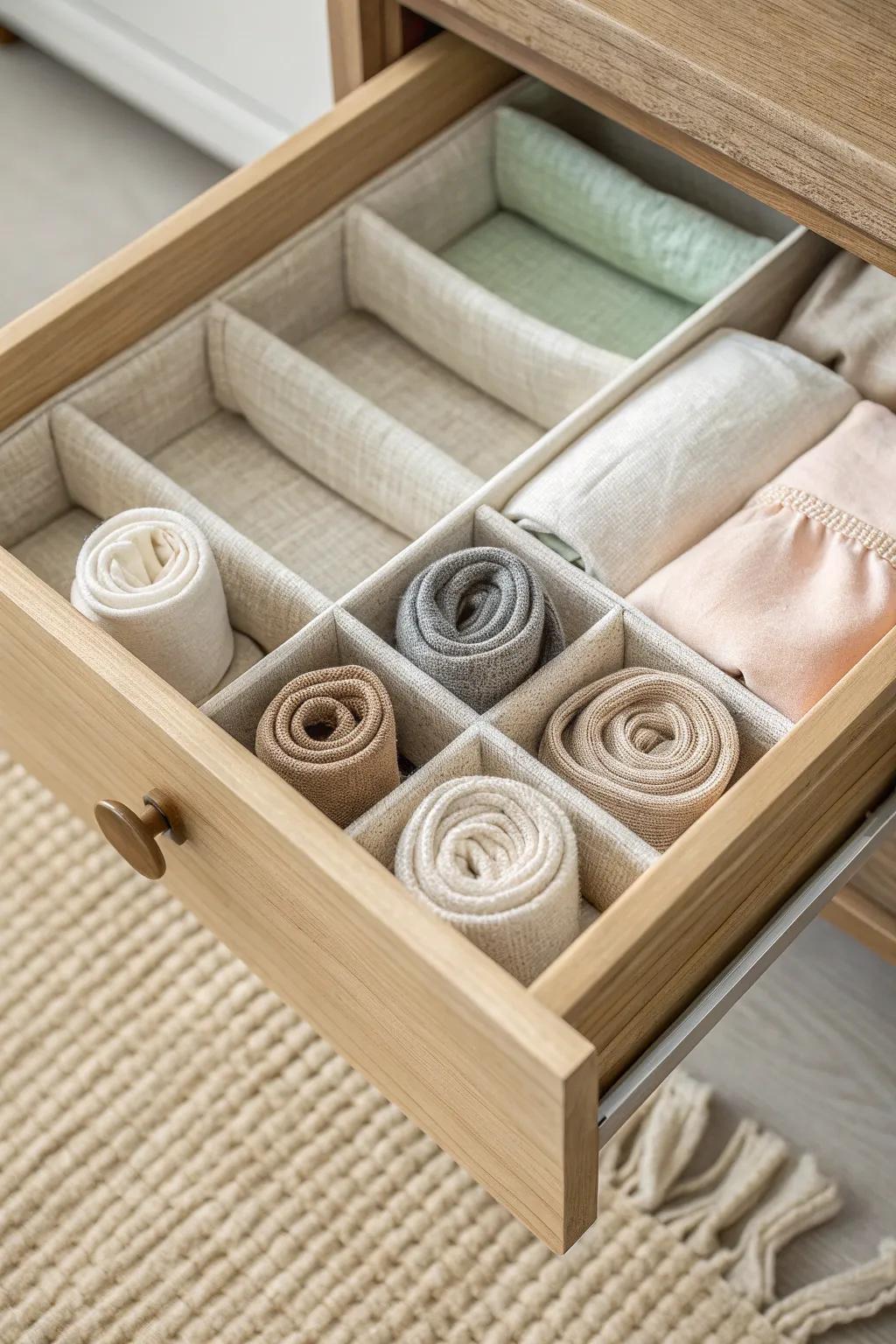 Stitched fabric cube organizer keeps socks flat and calm in shallow drawers—Scandi + boho.