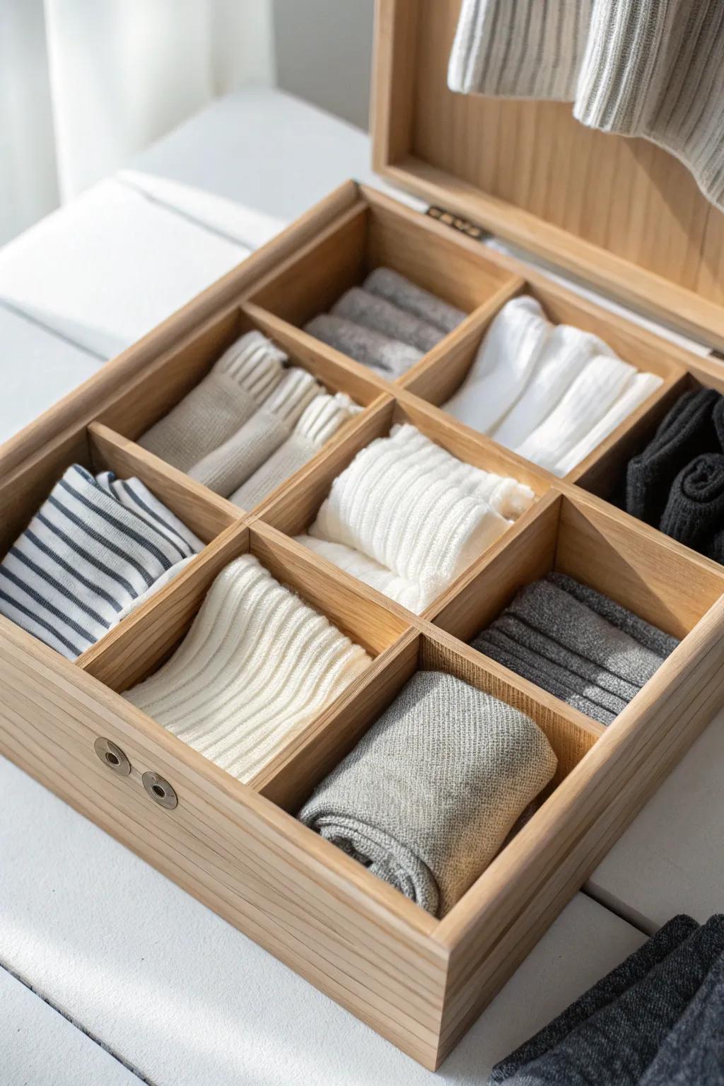 Four compartments, four sock types—everyday to dress—so small drawers feel twice as big.