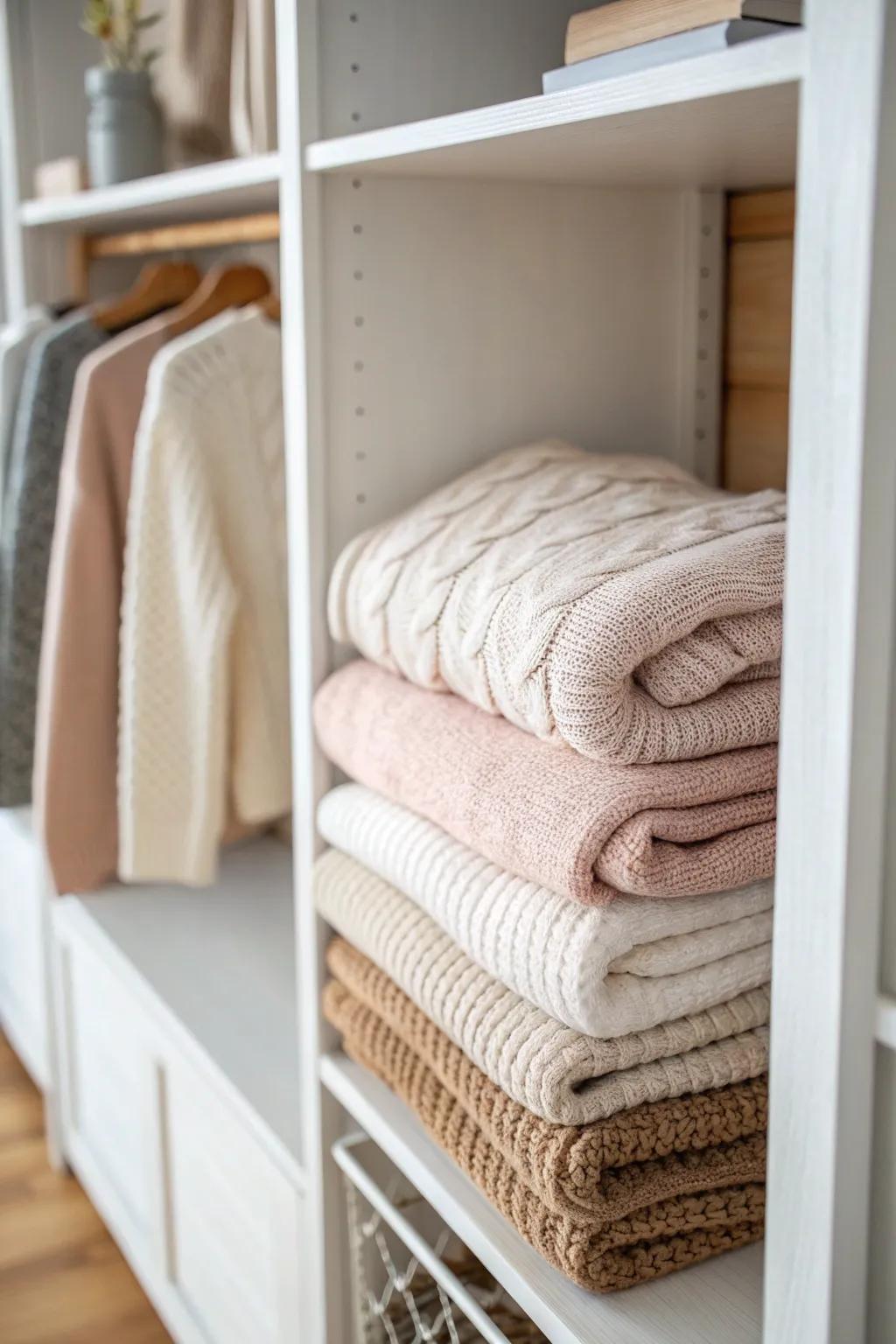 A simple shelf divider keeps folded stacks crisp, calm, and avalanche-free in small closets.